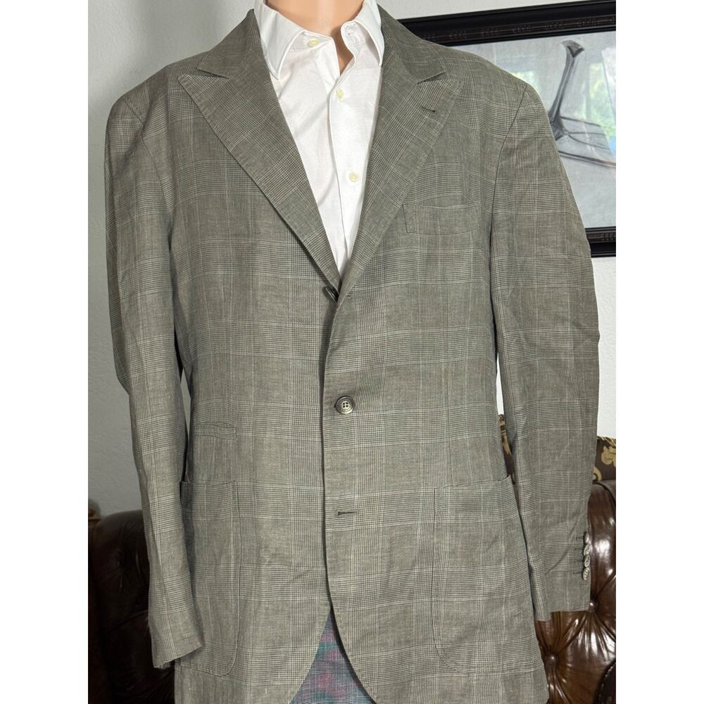 Brunello Cucinelli Peak lapel Wool Silk Linen Prince of Wales Taupe Blazer 54/44
